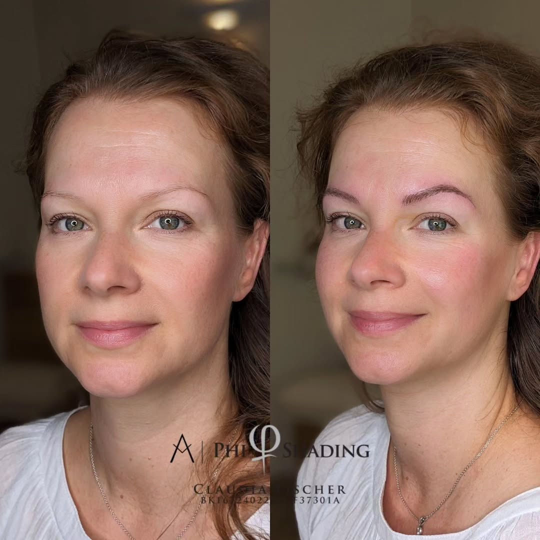 Vorher-Nachher von Microblading für Augenbrauen – natürliche Form und Definition.